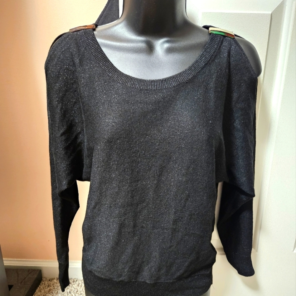 Classic Black Shimmery Cold Shoulder Sweater with Fine Knit